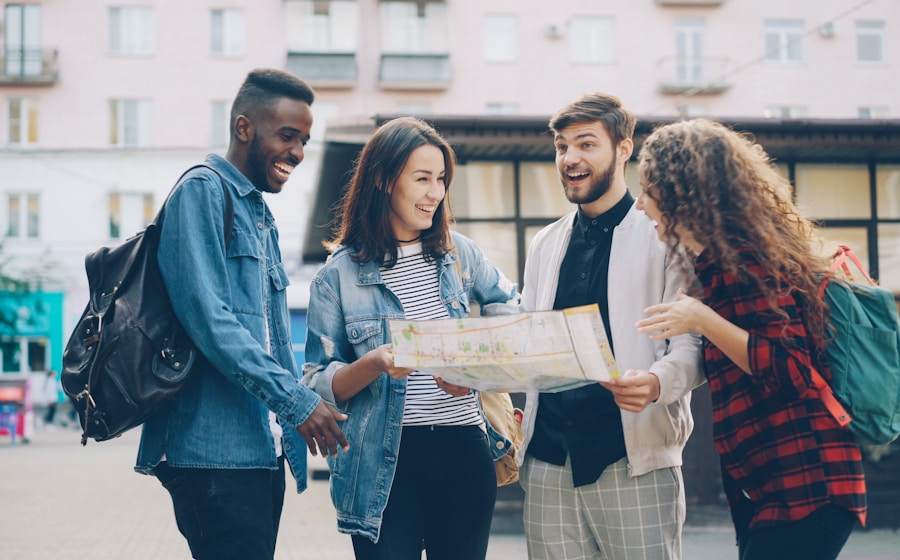 Friends exploring a city together with a map